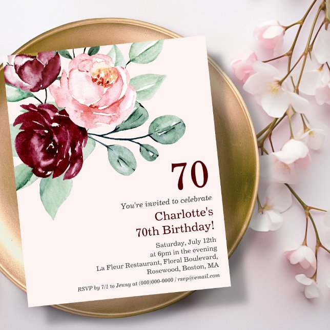 Burgundy Floral 70 Orçamento Aniversário Convite (Criador carregado)