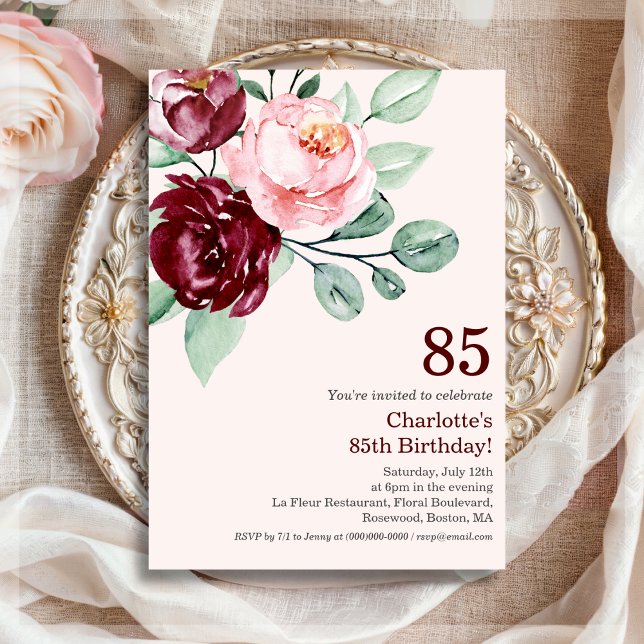 Burgundy Floral 85º Convite de Aniversário (Criador carregado)