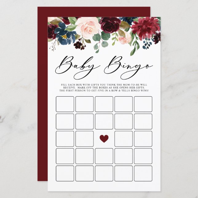 Burgundy Floral Baby Bingo Game (Frente/Verso)