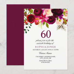 Burgundy Floral Boho 60º Convite para Festas de an
