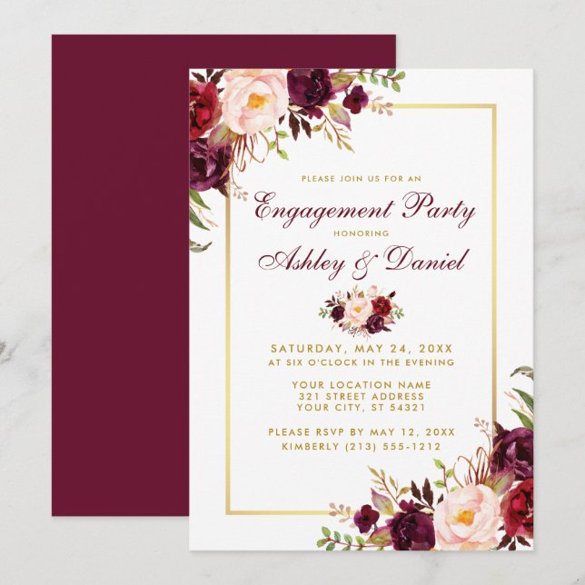 Burgundy Floral Dourado Casamento Convite BB (Frente/Verso)