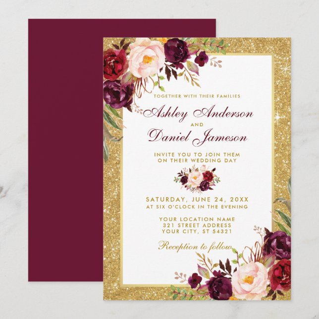 Burgundy Floral Dourado Convite B (Frente/Verso)