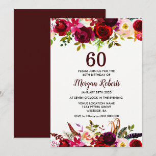 Burgundy Floral Elegant 60th Convite para Festas d