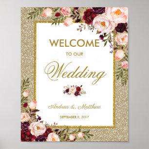 Burgundy Floral Glitter Weding Poster