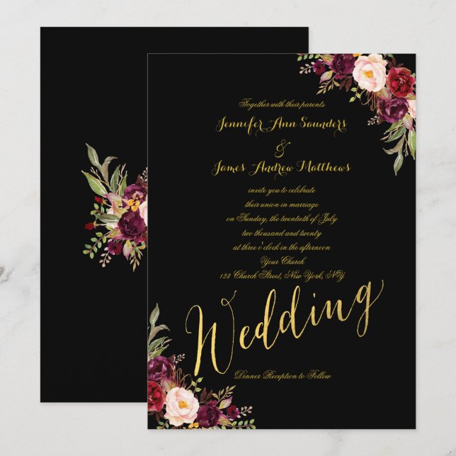 Burgundy Floral Gold Foil Black Wedation Convite (Frente/Verso)