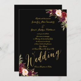 Burgundy Floral Gold Foil Black Wedation Convite