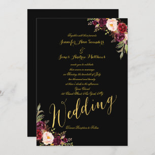 Burgundy Floral Gold Foil Black Wedation Convite
