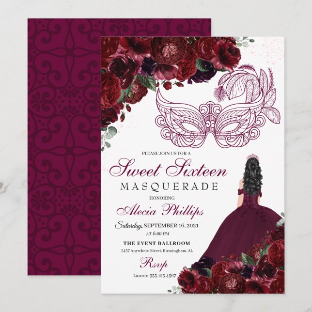 Burgundy Floral Mascarada Doce 16 Convite (Frente/Verso)