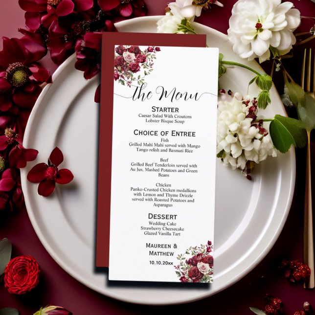 Burgundy Floral Modern Script 4x9'' Menu Casamento (Criador carregado)