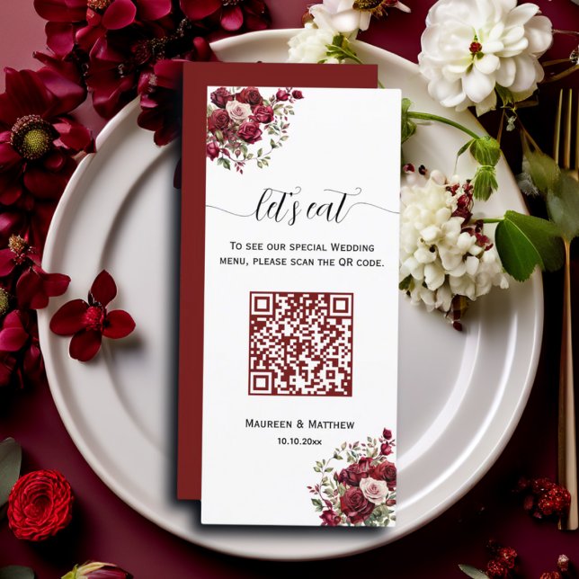 Burgundy Floral Moderno Código QR 4x9'' Menu Casam (Criador carregado)