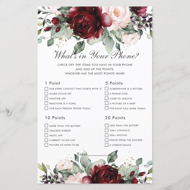 Burgundy Floral O que há no seu Chá de Jogo Telefô (Frente)