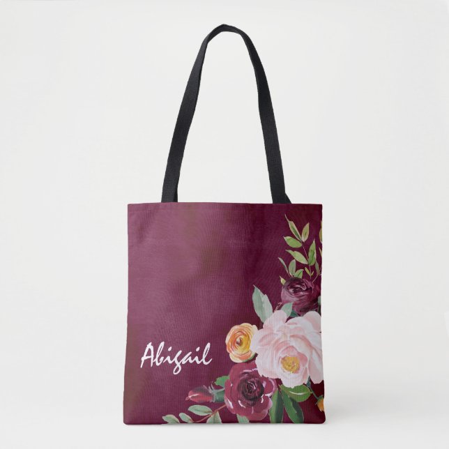 Burgundy Floral Peonies Personalizados Tote Bag (Frente)
