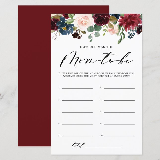 Burgundy Floral Quão Velha Era O Jogo Do Chá Da Mã (Frente/Verso)