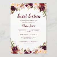 Burgundy Floral Sweet Sessenta Convite