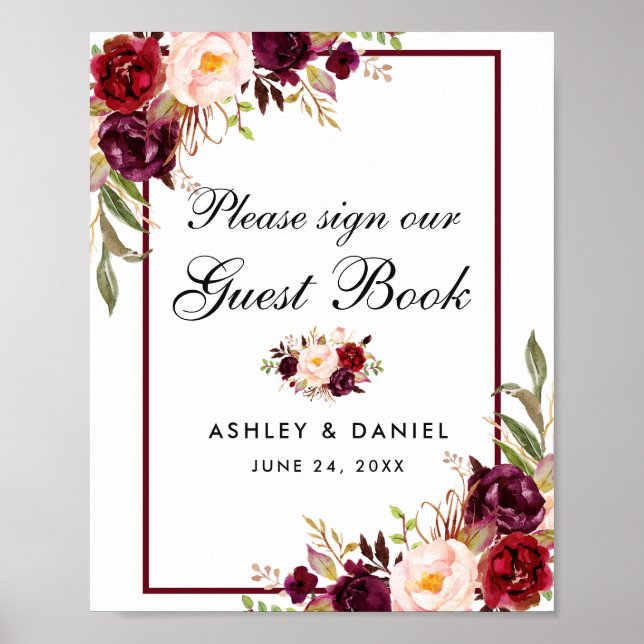 Burgundy Floral Weding Guest Book Poster B (Frente)