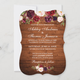 Burgundy Floral Wood Rustic Wedding Convite B