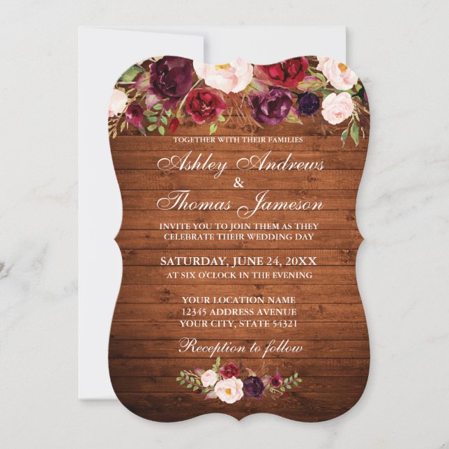 Burgundy Floral Wood Rustic Wedding Convite B (Frente)