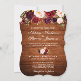 Burgundy Floral Wood Rustic Wedding Convite B