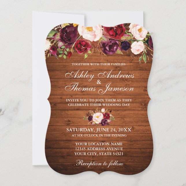 Burgundy Floral Wood Rustic Wedding Convite B (Frente)