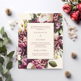 Burgundy florals creme convite para casamento roxo