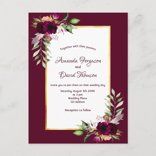 Burgundy florals gold boho convite para o casament (Frente)