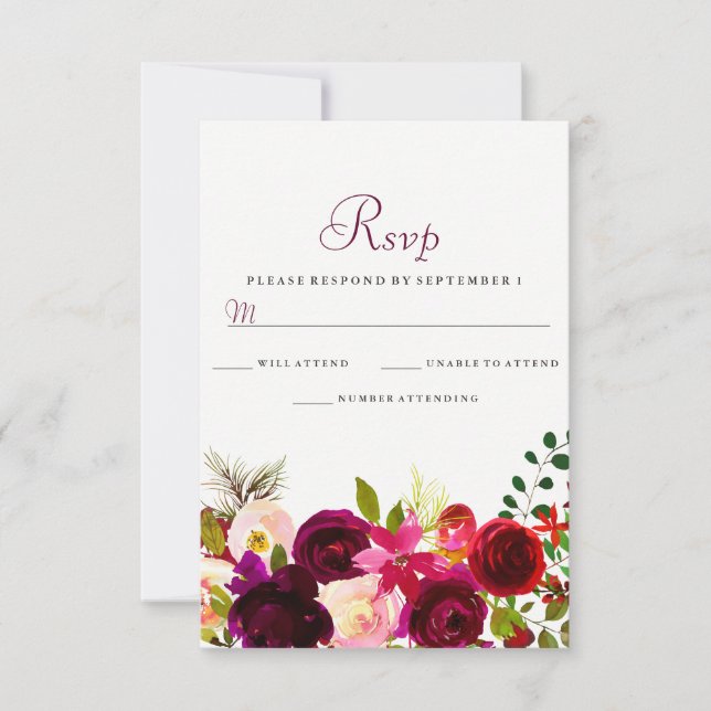 Burgundy Flowers Floral Elegante RSVP (Frente)