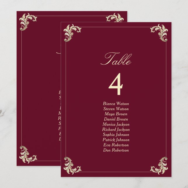 Burgundy Gold Baroque Wedding Seating Chart (Frente/Verso)