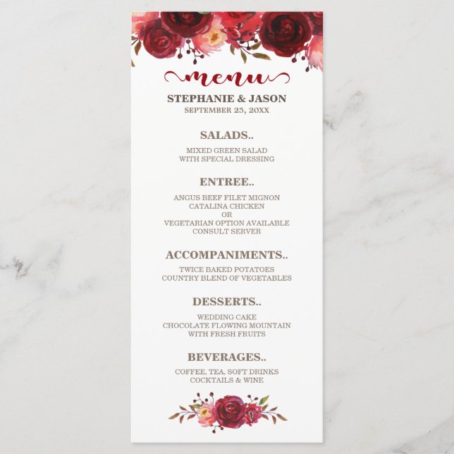 Burgundy Marsala Rosas vermelhas Floral Menu (Frente)