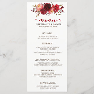 Burgundy Marsala Rosas vermelhas Floral Menu