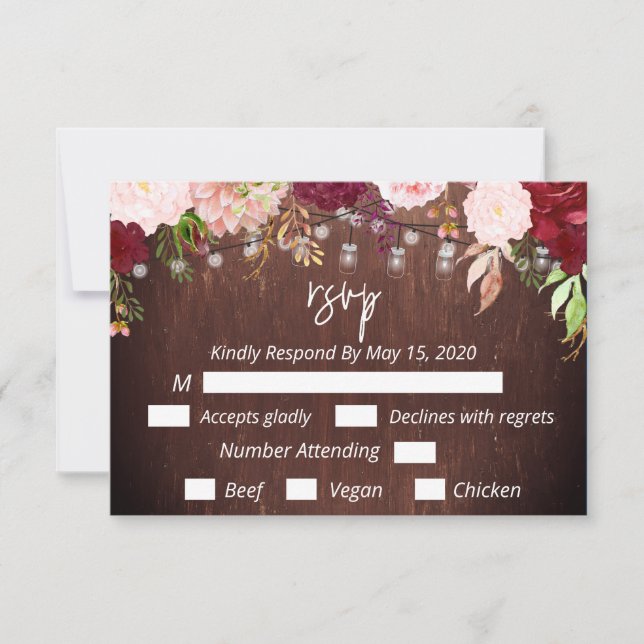 Burgundy Mason Jar Wood String Luzes Flores RSVP (Frente)