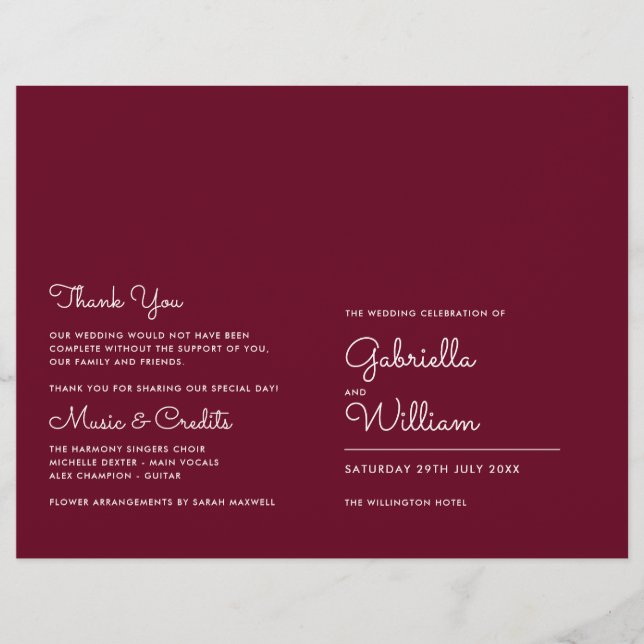 Burgundy Modern Minimalist Script Weding Program (Frente)