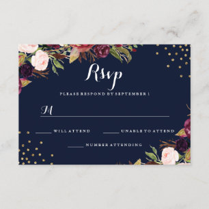 Burgundy Navy Gold Confetti Floral Casamento RSVP