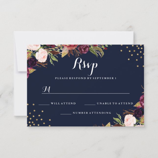 Burgundy Navy Gold Confetti Floral Casamento RSVP (Frente)