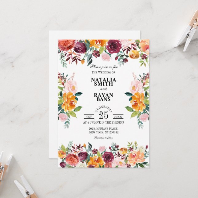 Burgundy Orange Crush Floral puro cartão de casame (Frente/Verso In Situ)