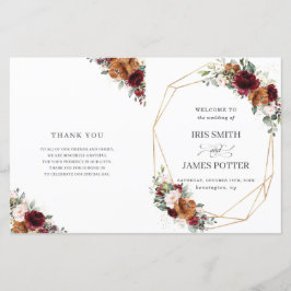 Burgundy Orange Floral Folding Wedding Program