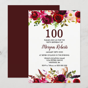 Burgundy Red Floral 100º Convite para Festas de an