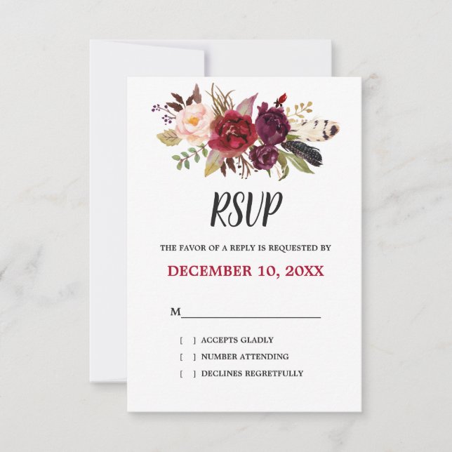 Burgundy Red Floral Boho RSVP (Frente)