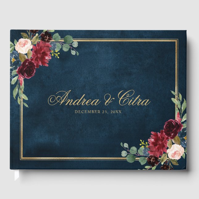 Burgundy Red Marinho Floral Rustic Livro de convid (Frente)