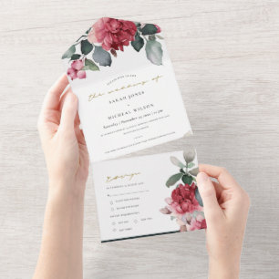 BURGUNDY RED MARSALA GREEN WATERCOLOR FLORAL PEONA