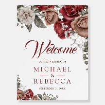 Burgundy Red Roses Floral Wedding Welcome Sign