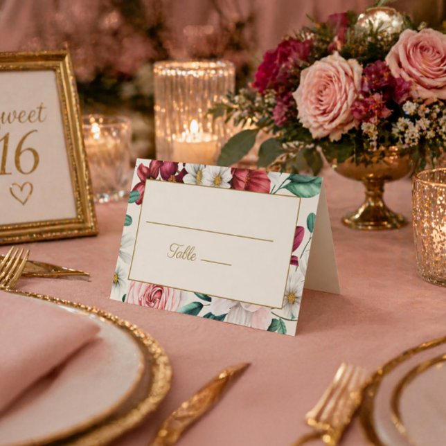 Burgundy Rosa Branco Floral Aniversário (Pink and red watercolor floral table card)