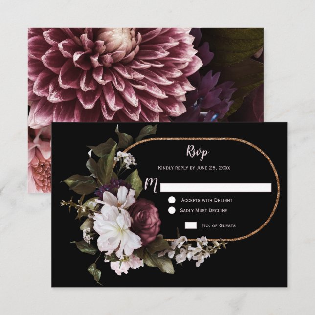 Burgundy Rosa Branco Floral Dourado Quadro RSVP | (Frente/Verso)