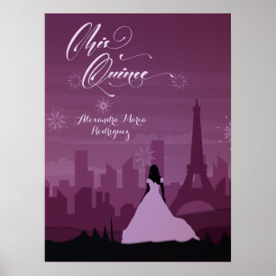 Burgundy Rosa Paris Fireworks Quinceañera Poster