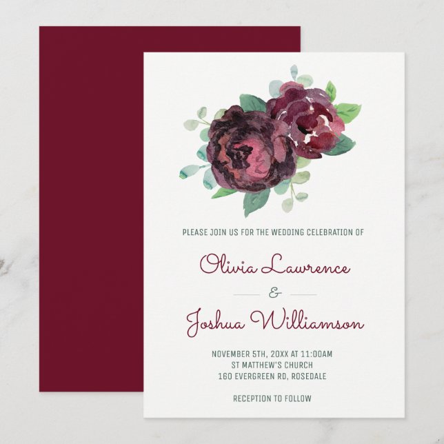 Burgundy Rosas Watercolor Convites para Casamento (Frente/Verso)