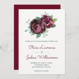 Burgundy Rosas Watercolor Convites para Casamento