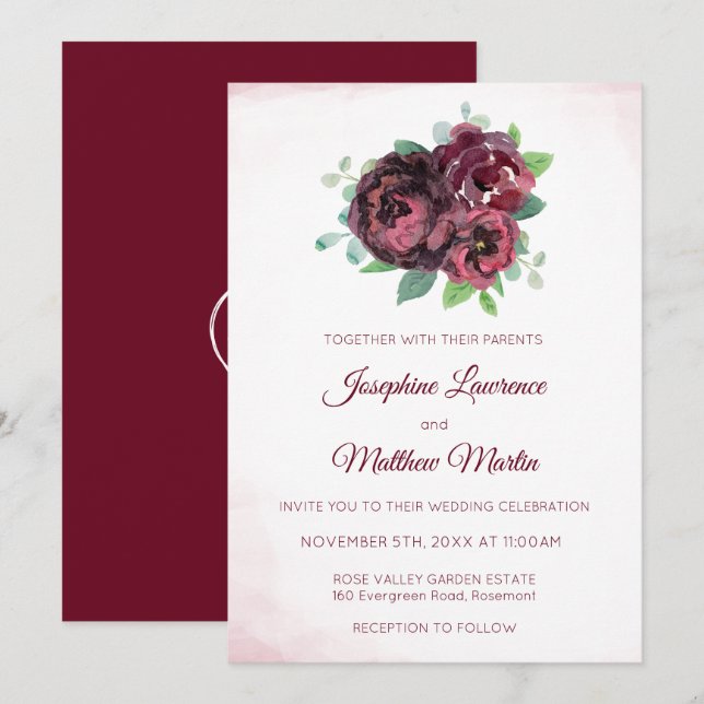 Burgundy Rose Bouquet Monogramas Convites de Casam (Frente/Verso)