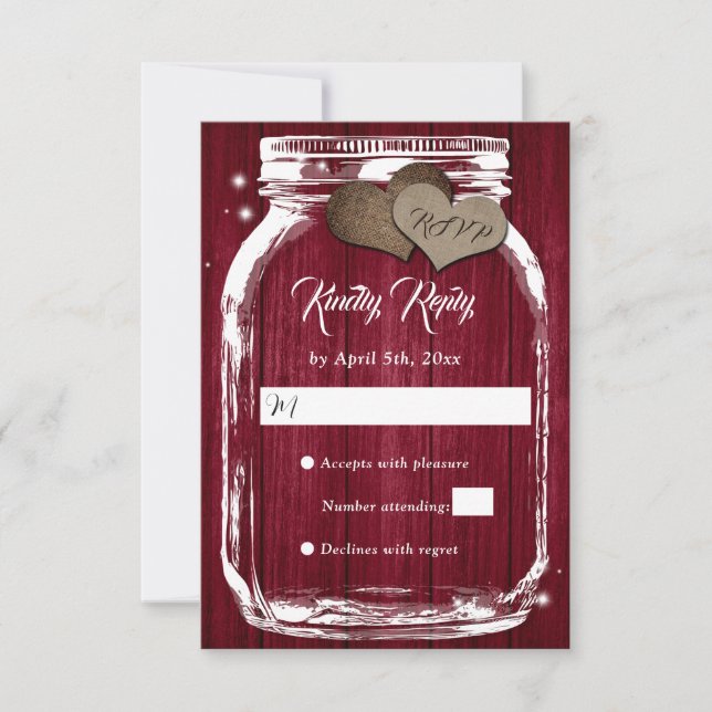 Burgundy Rustic Wood Hearts Mason Jar Wedding RSVP (Frente)