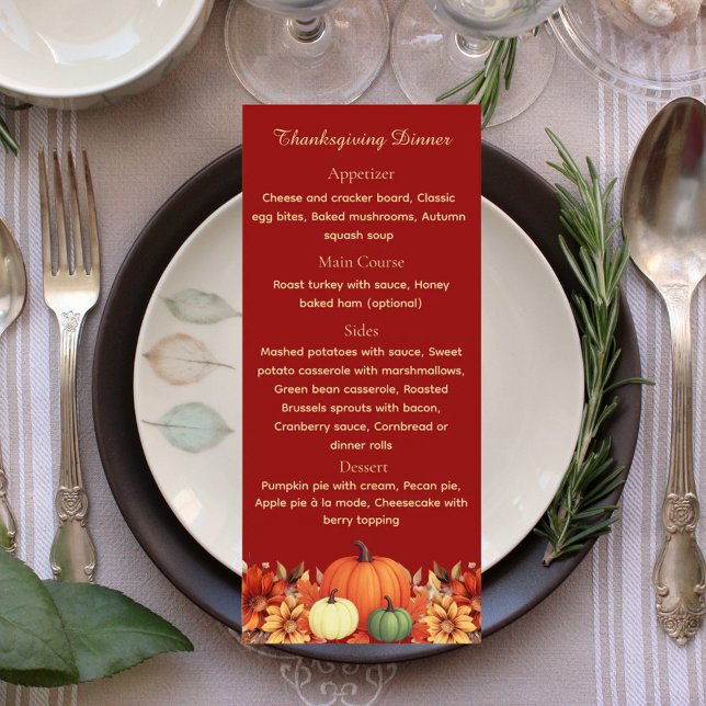 Burgundy Thankful Message Thanksgiving Dinner Menu (Criador carregado)