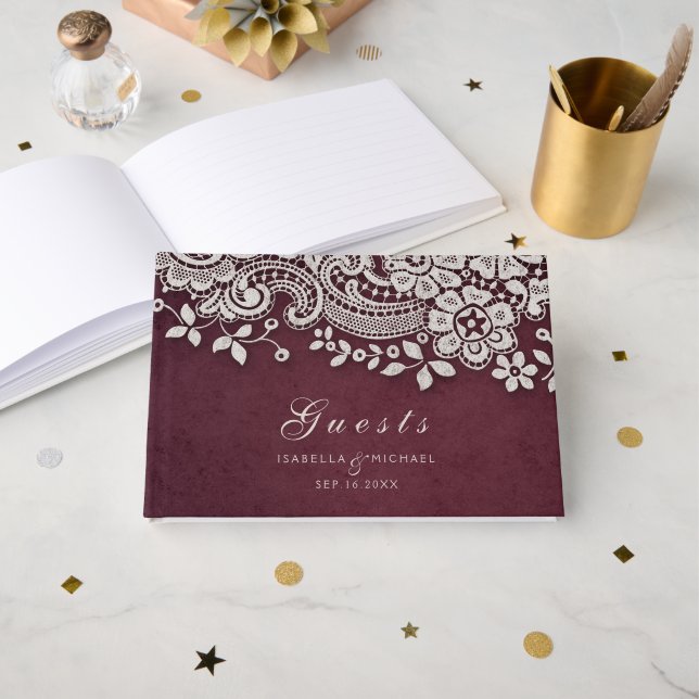 Burgundy vintage lace russa livro de convidados (Frente aberta)