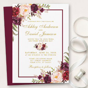 Burgundy Watercolor Convite de casamento Dourado F
